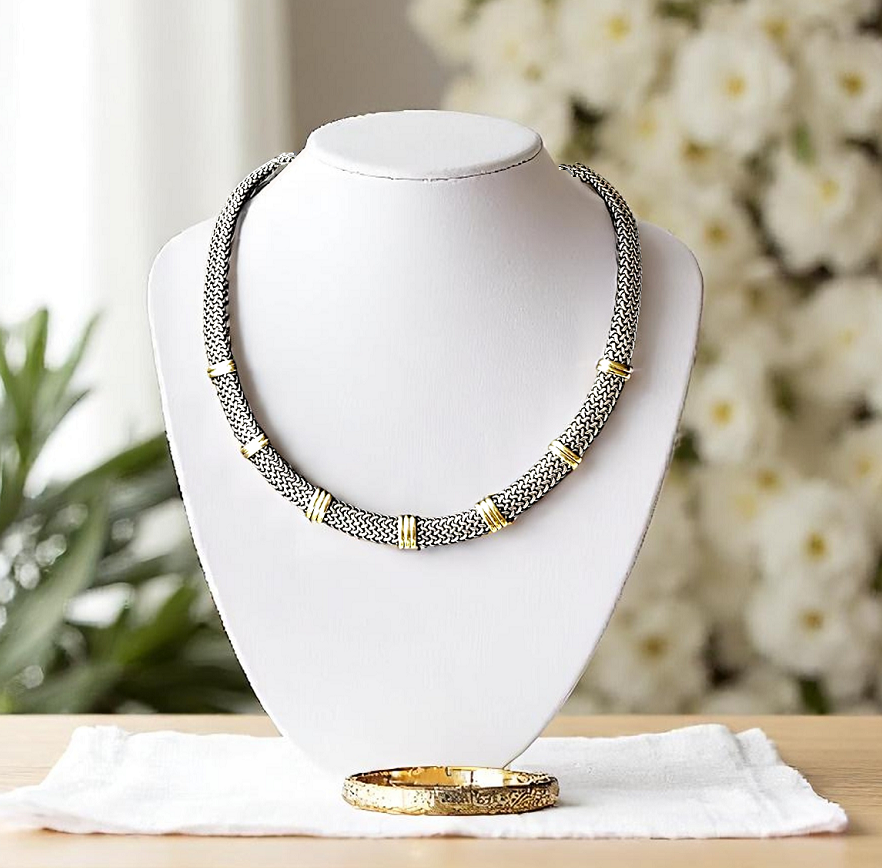 9K Yellow Gold & Sterling Silver Mesh Collar Necklace