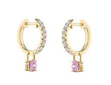 Load image into Gallery viewer, 18K Gold Huggie White &amp; Pink Diamond Drop Earrings