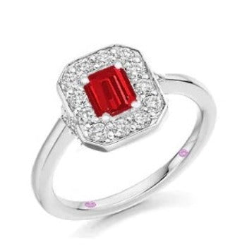 Emerald Cut Ruby & Diamond Halo Ring - 1.64 Carats