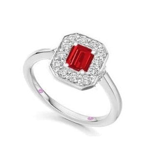 Emerald Cut Ruby & Diamond Halo Ring - 1.64 Carats