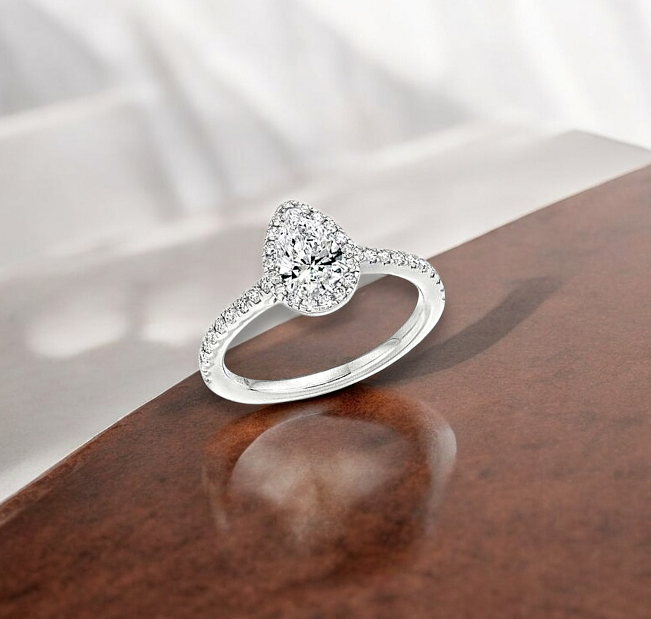 Platinum Pear Shape Diamond Halo & Shoulder Ring - G/VS1 - Pobjoy Diamonds