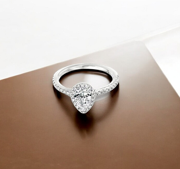 Platinum Pear Shape Diamond Halo & Shoulder Ring - G/VS1 - Pobjoy Diamonds
