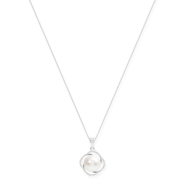 Freshwater White Button Pearl Silver Swirl Pendant Necklace - Pobjoy Diamonds