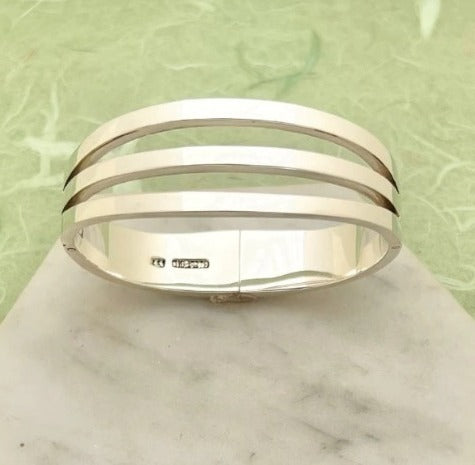 Ladies Handmade Solid Sterling Silver Three Bar Bangle