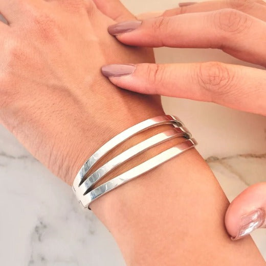 Ladies Handmade Solid Sterling Silver Three Bar Bangle