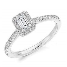 Load image into Gallery viewer, 18K White Gold Emerald Cut 0.58 CTW Halo Diamond Engagement Ring F/VS - Pobjoy Diamonds