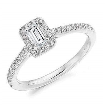18K White Gold Emerald Cut 0.58 CTW Halo Diamond Engagement Ring F/VS - Pobjoy Diamonds