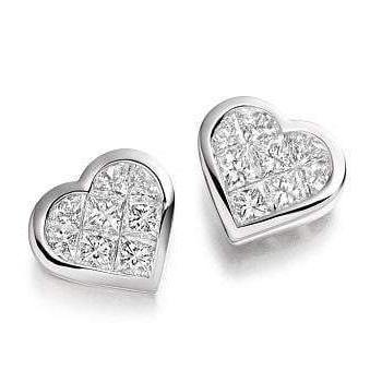 9K Gold Diamond Heart Earrings 1.00 Carat Princess Cut - Pobjoy Diamonds