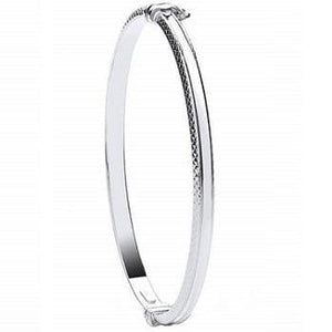 White 9K Gold Ladies Diamond-Cut Hinged Bangle - Pobjoy Diamonds