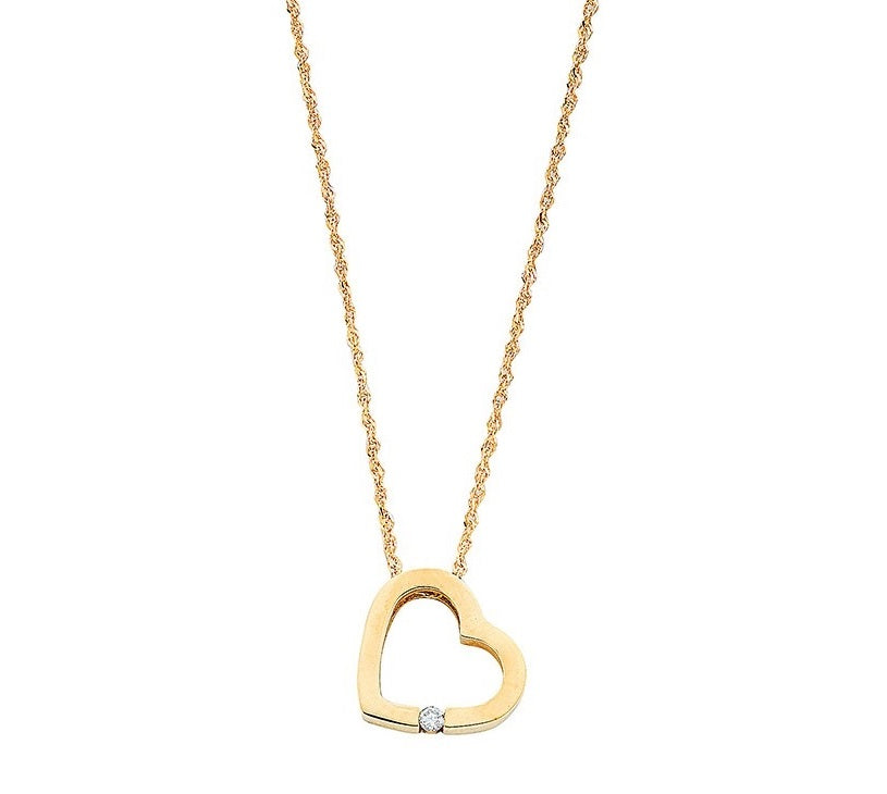 9K Yellow Gold & Diamond Heart Pendant & 18" Neck Chain