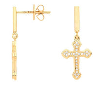 Load image into Gallery viewer, 9K Yellow Gold Diamond Cross Drop Earrings 0.10 CTW - Pobjoy Diamonds
