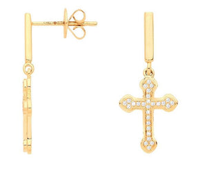 9K Yellow Gold Diamond Cross Drop Earrings 0.10 CTW - Pobjoy Diamonds