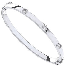 Load image into Gallery viewer, 9K White Gold Hollow Hinged Bangle With CZ Studs - Pobjoy Diamonds