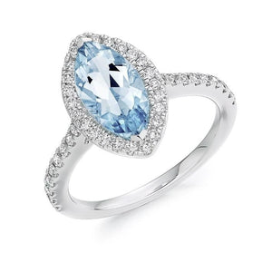 18K White Gold Aquamarine & Halo Diamond Ring - Pobjoy Diamonds