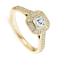 Load image into Gallery viewer, 18K Yellow Gold Asscher Cut Diamond Halo &amp; Shoulders Ring 0.70 CTW - Balmoral - Pobjoy Diamonds