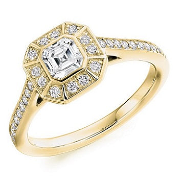 18K Yellow Gold Asscher Cut Diamond Halo & Shoulders Ring 0.70 CTW - Balmoral - Pobjoy Diamonds