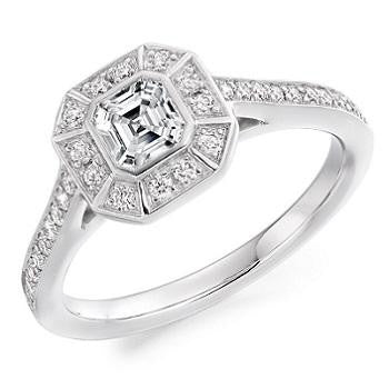 950 Platinum Asscher Cut Diamond Halo & Shoulders Ring 0.70 CTW - Balmoral - [product_type] - Pobjoy Diamonds - Pobjoy Diamonds