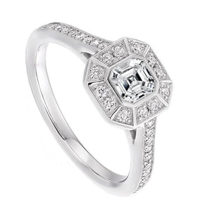 18K White Gold Asscher Cut Diamond Halo & Shoulders Ring 0.70 CTW - Balmoral - Pobjoy Diamonds