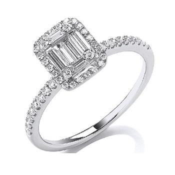 18K White Gold 0.50 CTW Diamond Baguette & Halo Ring G-H/Si - Pobjoy Diamonds