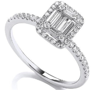 18K White Gold 0.50 CTW Diamond Baguette & Halo Ring G-H/Si - Pobjoy Diamonds