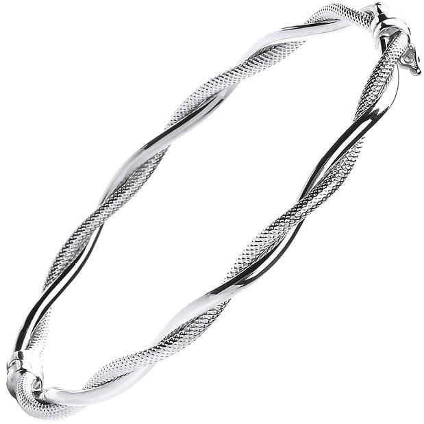 Ribbed & Smooth Twisted Tube 9K White Gold Hinged Bangle 