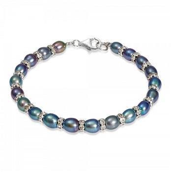 Black/Blue & Sterling Silver Oval Pearl Bracelet - Pobjoy Diamonds