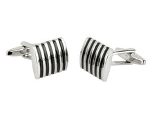 Load image into Gallery viewer, Black Enamel &amp; Rhodium Plated Mens Cufflinks - Pobjoy Diamonds