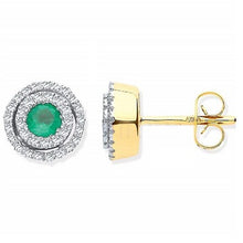 Load image into Gallery viewer, 9K Yellow Gold Double Halo Diamond &amp; Emerald Earrings By Pobjoy