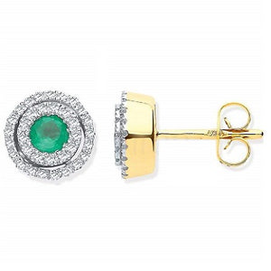 9K Yellow Gold Double Halo Diamond & Emerald Earrings By Pobjoy