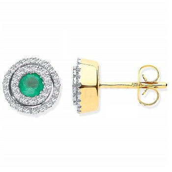 9K Yellow Gold Double Halo Diamond & Emerald Earrings By Pobjoy