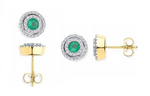 9K Yellow Gold Double Halo Diamond & Emerald Earrings By Pobjoy