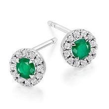 Load image into Gallery viewer, Emerald &amp; Round Brilliant Cut Diamond Ladies Stud Earrings - Pobjoy Diamonds