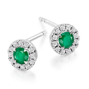 Emerald & Round Brilliant Cut Diamond Ladies Stud Earrings - Pobjoy Diamonds