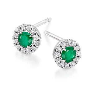 Emerald & Round Brilliant Cut Diamond Ladies Stud Earrings - Pobjoy Diamonds