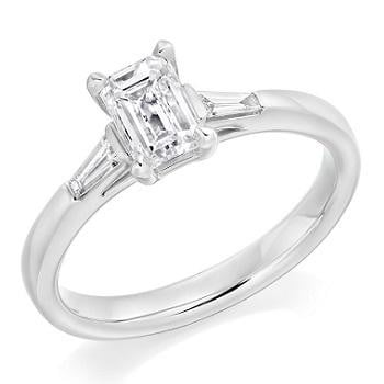 950 Platinum Emerald Cut Solitaire Ring With Side Baguettes 0.90 CTW- G/Si1 - Pobjoy Diamonds