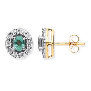 9K Yellow Gold Oval Emerald & Diamond Stud Earrings