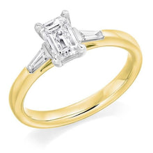 Load image into Gallery viewer, 18K Yellow Gold Emerald Cut Solitaire Ring With Side Baguettes 0.90 CTW- G/Si1 - Pobjoy Diamonds