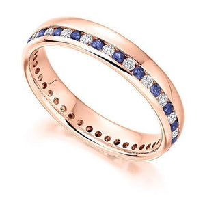 18K Rose Gold Channel Set Blue Sapphire & Diamond Full Eternity Ring 0.57 CTW - Pobjoy Diamonds