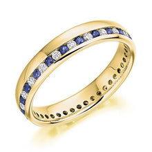 Load image into Gallery viewer, 18K Yellow Gold Channel Set Blue Sapphire &amp; Diamond Full Eternity Ring 0.57 CTW - Pobjoy Diamonds