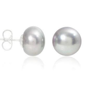 Freshwater Large Silver Grey Button Cultured Pearl Stud Earrings - Pobjoy Diamonds
