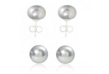 Load image into Gallery viewer, Freshwater Large Silver Grey Button Cultured Pearl Stud Earrings - Pobjoy Diamonds