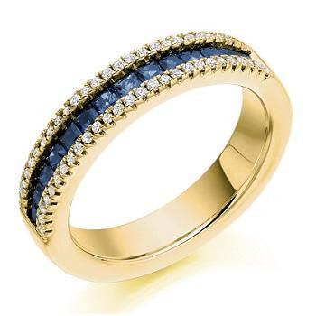 9K Yellow Gold Princess Cut Sapphire & DIamond Half Eternity Ring - 0.85 CTW - Pobjoy Diamonds