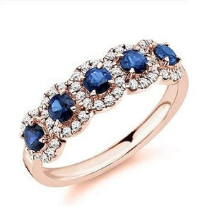 18K Rose Gold Vintage Style Blue Sapphire & Diamond Half Eternity Ring 0.85 CTW - Pobjoy Diamonds