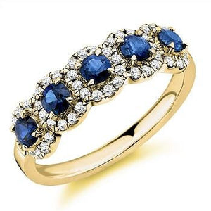 18K Yellow Gold Vintage Style Blue Sapphire & Diamond Half Eternity Ring 0.85 CTW - Pobjoy Diamonds