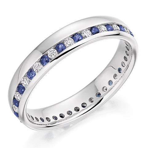 18K White Gold Channel Set Blue Sapphire & Diamond Full Eternity Ring 0.57 CTW - Pobjoy Diamonds