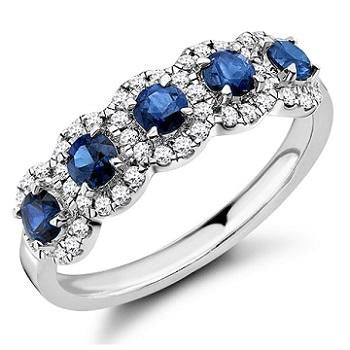 9K White Gold Vintage Style Blue Sapphire & Diamond Half Eternity Ring 0.85 CTW - Pobjoy Diamonds