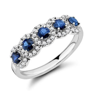 18K White Gold Vintage Style Blue Sapphire & Diamond Half Eternity Ring 0.85 CTW - Pobjoy Diamonds