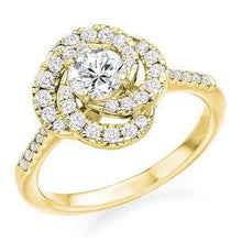 Load image into Gallery viewer, 18K Yellow Gold Diamond Halo &amp; Shoulders Cluster Engagement Ring 0.95 CTW - Pobjoy Diamonds