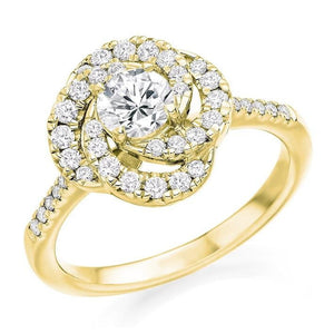 18K Yellow Gold Diamond Halo & Shoulders Cluster Engagement Ring 0.95 CTW - Pobjoy Diamonds