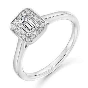 18K White Gold Emerald Cut Diamond & Halo Engagement Ring 0.45 CTW - Vipiteno - Pobjoy Diamonds
